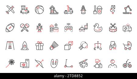 Baby stroller and rattle gift, mobile app and desktop computer games, sand castle and ball to play on playground, kite and swing. Toys for kids trendy red black thin line icons set vector illustration Stock Vector