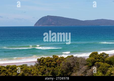 Bruny Island adventure bay and fluted cape view from the Neck game reserve lookout Stock Photo