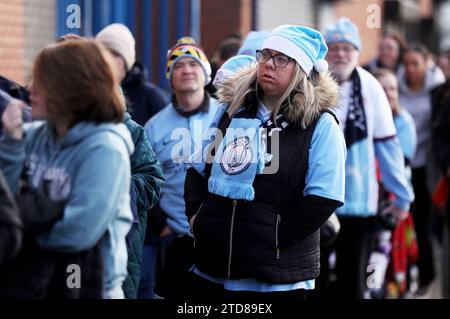 Manchester City fans outside the stadium ahead of the Barclays Women's Super League match at Walton Hall Park, Liverpool. Picture date: Sunday December 17, 2023. Stock Photo