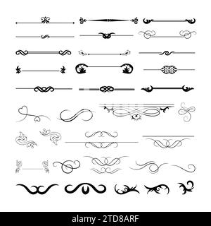 Vintage typographic dividers and floral ornaments design elements set vector illustration. Retro Labels, calligraphic swirls, flourishes ornaments. Stock Vector