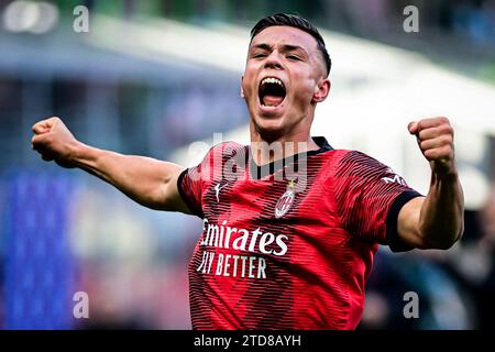 Milan, Italy on December 17, 2023. Jan-Carlo Simić of AC Milan celebrates after scoring his team second goal during the Italian Serie A football match AC Milan vs Monza at San Siro Stadium in Milan, Italy on December 17, 2023 Credit: Piero Cruciatti/Alamy Live News Stock Photo