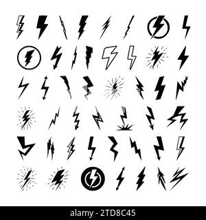 Lightning Bolt Flash Icon Set. Energy Power Charge Sign. Thunder strike Electricity Symbol. Powerful Electrical Discharge Hitting From Side To Side. Stock Vector