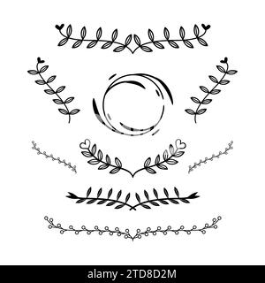 Set of Floral and Decorative Ornamental Elements. Hand Drawn Plants, Ornate Vintage Frames, and Scroll Elements. Stock Vector