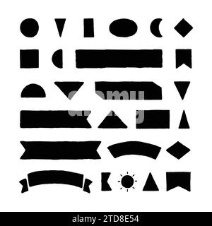 Set of Different Types Doodle Solid Shapes Include Ribbons, Frames, Borders, Triangles, Squares, and Sun. Stock Vector