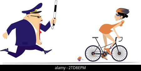 Angry traffic policeman running after cyclist woman. Frightened cycling woman trying to ride away from the shouting angry traffic policeman Stock Vector