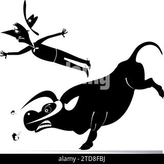 Farmer or cowboy and angry bull illustration.  Rodeo. Cartoon farmer or cowboy falls down from the bull. Black on white background Stock Vector