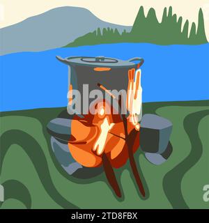 Cooking food on a campfire while camping. Stock Vector