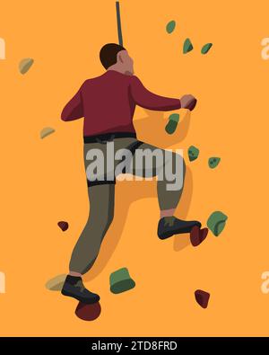 Vector isolated illustration of a man on a rock climbing wall. Stock Vector