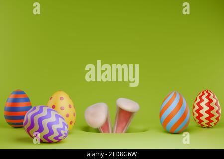 Happy easter. Rabbit Hunts for painted eggs. 3D rendering Stock Photo