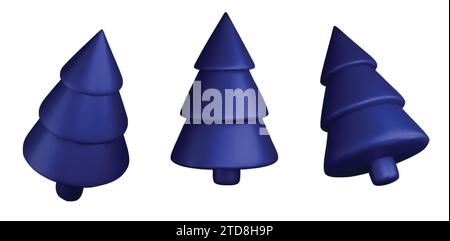 Set 3d blue Christmas tree . Glossy New year and xmas abstract tree shapes. Stock Vector