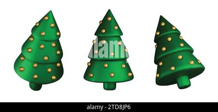 Set 3d violet Christmas tree . Glossy New year and xmas abstract tree shapes. Stock Vector