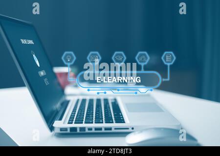 Video conference call technology to carry out digital training course for student to do remote learning from anywhere. E-learning and Online Education Stock Photo