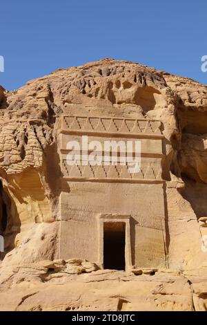 Rock cut Nabatean tomb at AlUla in Saudi Arabia Stock Photo