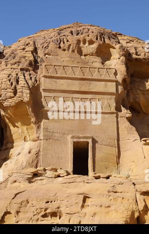 Rock cut Nabatean tomb at AlUla in Saudi Arabia Stock Photo