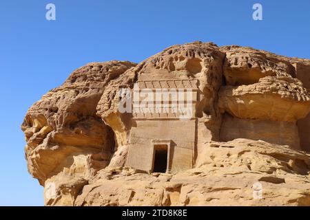 Rock cut Nabatean tomb at AlUla in Saudi Arabia Stock Photo