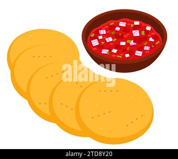 Sopaipillas with pebre, traditional Chilean food drawing. Deep fried bread and sauce. Simple cartoon vector illustration. Stock Vector