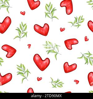 Spring seamless pattern with red hearts and fresh green plants. Floral ornate in transparent style. Watercolor illustration of romance heart. For Vale Stock Photo