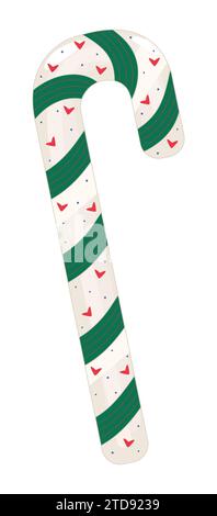 Winter green striped candy cane with hearts, cute vector color illustration Stock Vector