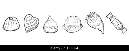 Chocolate candies assorted. Hand drawn vector illustration in sketch style isolated on white. For design stickers, menu Stock Vector