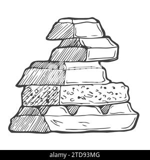 Hand drawn chocolate.Hand drawn chocolate bar broken into pieces, appetizing realistic drawing. illustration of choco bar Stock Vector