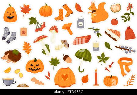 Autumn stickers pack set vector illustration. Cartoon autumn collection with fall acorn and edible mushrooms, Halloween pumpkin, orange leaf of maple oak and chestnut, cozy warm plaid hot tea isolated Stock Vector