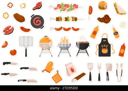 BBQ grill food stickers set for social media chat or sms isolated vector illustration. Cartoon pig and cow barbecue sausages, kebab menu to eat on picnic party, cooking tools. Fastfood concept Stock Vector