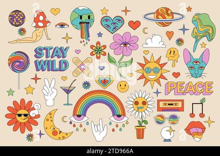 Hippie retro stickers set. Groovy characters, emoji and elements of funky hippy 70s style, psychedelic flower and mushroom, disco ball and rainbow mascots collection, cartoon vector illustration Stock Vector