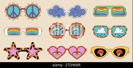 Hippie glasses set. Hippy sunglasses of different color and shape, retro psychedelic stickers collection of funky stars and cloud, rainbow and trippy eyes inside frames, cartoon vector illustration Stock Vector