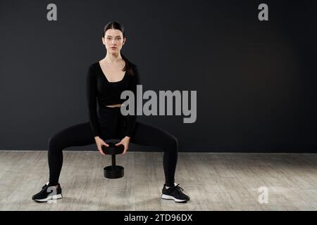 Focused woman exercising with dumbbell against black wall. Stock Photo