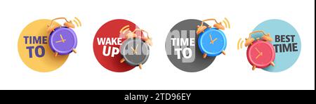Set of round stickers with 3d render icons of alarm clock, stylized modern graphic of vintage clock in different colors, advertising label, isolated Stock Vector