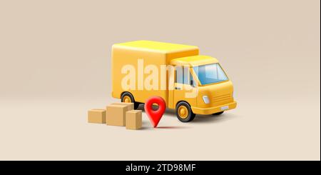 Yellow delivery truck with carton boxes and red pin geo tag icon, 3d render illustration, cartoon style Stock Vector
