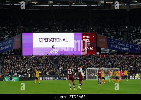 The big screen confirms a VAR check is in progress during the Premier ...