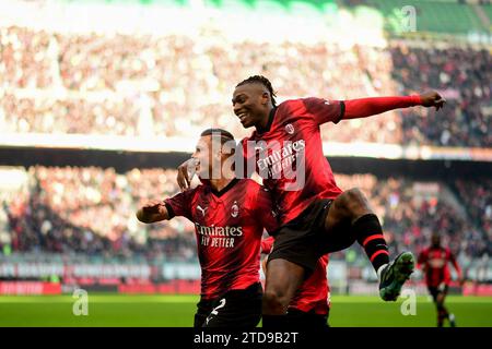 Milan, Italy. 17th Dec, 2023. Jan-Carlo Simic (L) of AC Milan celebrates his goal during the Serie A football match between AC Milan and Monza in Milan, Italy, on Dec. 17, 2023. Credit: Alberto Lingria/Xinhua/Alamy Live News Stock Photo