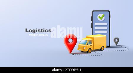 Fast delivery yellow truck with smartphone and destination route pins, online tracking application, render composition, logistics company web banner Stock Vector