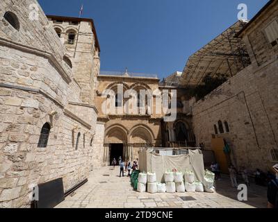 Construction materials piled up at the Church of the Holy Sepulchre piazza in Jerusalem. Stock Photo