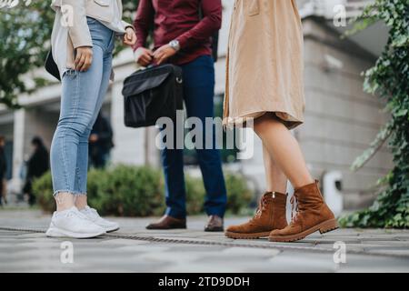Diverse business team strategizing in urban setting, analyzing stats and brainstorming for profit growth and market research. Stock Photo