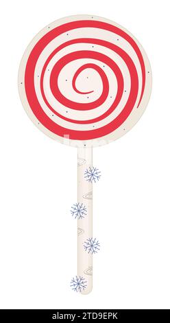 Round lollipop on a stick, cute circle candy with a red swirl, winter caramel with a spiral and snowflakes, groovy color vector illustration Stock Vector