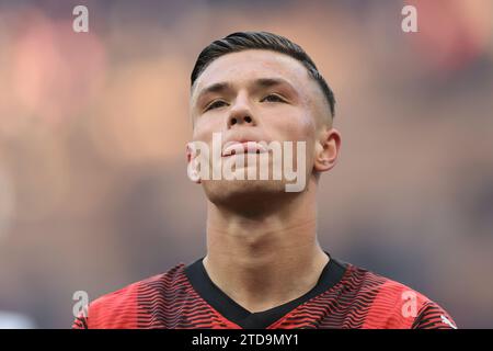 Milan, Italy. 17th Dec, 2023. Debutant and goalscorer Jan-Carlo Simic of AC Milan reacts following the final whistle of the Serie A match at Giuseppe Meazza, Milan. Picture credit should read: Jonathan Moscrop/Sportimage Credit: Sportimage Ltd/Alamy Live News Stock Photo