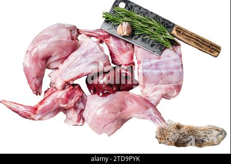 Raw wild hare slices legs, fresh game meat in steel tray with herb. Isolated on white background Stock Photo