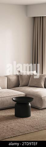 Modern minimalist living room with plush sectional sofa and sleek black coffee table on a textured rug. 3d render Stock Photo