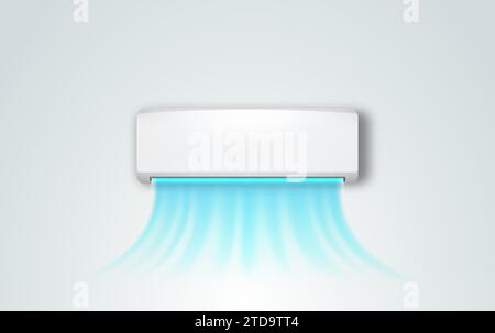 Modern wall mounted air conditioner with flows of cold air. Controlling temperature and climate in room vector realistic illustration. Stock Vector