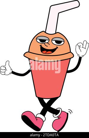 illustration of a cup with coffee Retro Milk Tea Character.art, chocolate, flat, face, taiwanese, asian, doodle, taiwan, tasty, happy, glass Stock Vector