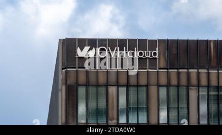 Sign on an OVHcloud building. OVHcloud, formerly OVH, is a French company specializing in cloud computing and internet data hosting Stock Photo