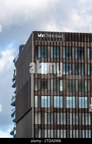 Exterior view of an OVHcloud building. OVHcloud, formerly OVH, is a French company specializing in cloud computing and internet data hosting provider Stock Photo