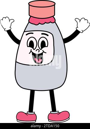 illustration of a Milk Bottle Character holding a bottle of milk.human, liquid, concept, flat, icon, art, blue, baby, childhood, nutrition, person, he Stock Vector