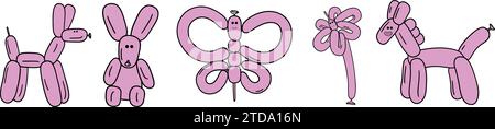 Balloon animals collection and bubble sticker. Dog flower butterfly bunny poodle in trendy.clip, tattoo, pink, game, collage, kid, icon, simple. Stock Vector