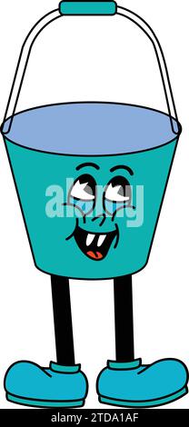 Full bucket cartoon isolated vector.iron bucket paint mascot cartoon character.trash, blue, challenge, garden, bathroom, cleaner, colorful, bath, clea Stock Vector