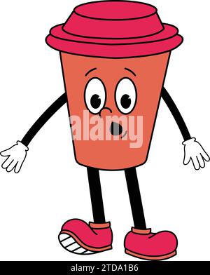 Cartoon red person with a cup of coffee. Coffee Paper Cup Cartoon Character Stock Vector.plastic, fun, take, latte, emotion, graphic, simple, flat, te Stock Vector