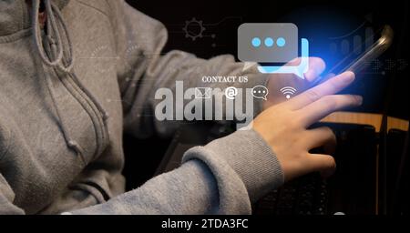 Contact us or Customer support hotline people connect. Businessman using a laptop and touching on virtual screen contact icons Stock Photo