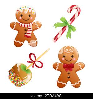 Set of Christmas vector illustrations featuring cartoon gingerbread men, candy cane and caramel apple Stock Vector